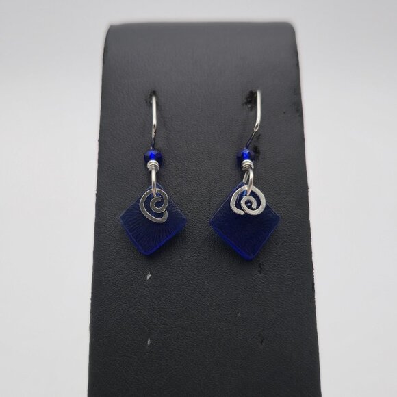 Jewelry - Sterling Silver Blue Glass Swirl Charm Handmade Earrings A4377